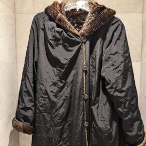 Women's Vintage Glam Boho Reversible Black/Brown Faux Fur Coat with Hood Sz L